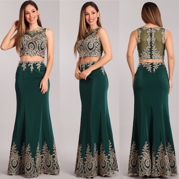 2 Pc Forest Green Sexy Bodycon Dress - Picture 1 of 7